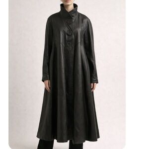 Damselle Black Leather Swing Coat Oversized High Collar Statement Jacket